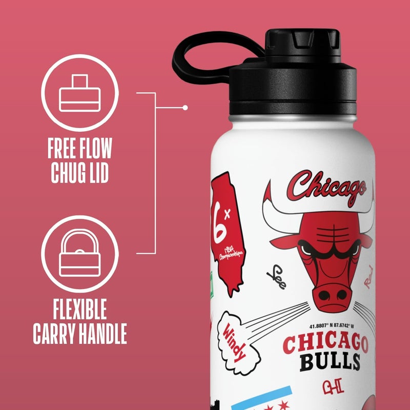 Hydrapeak x NBA Officially Licensed Chicago Bulls 32oz Active Water Bottle Chug Lid Stainless Steel Reusable Double Wall Celebrating The City Of Chicago - Image 1